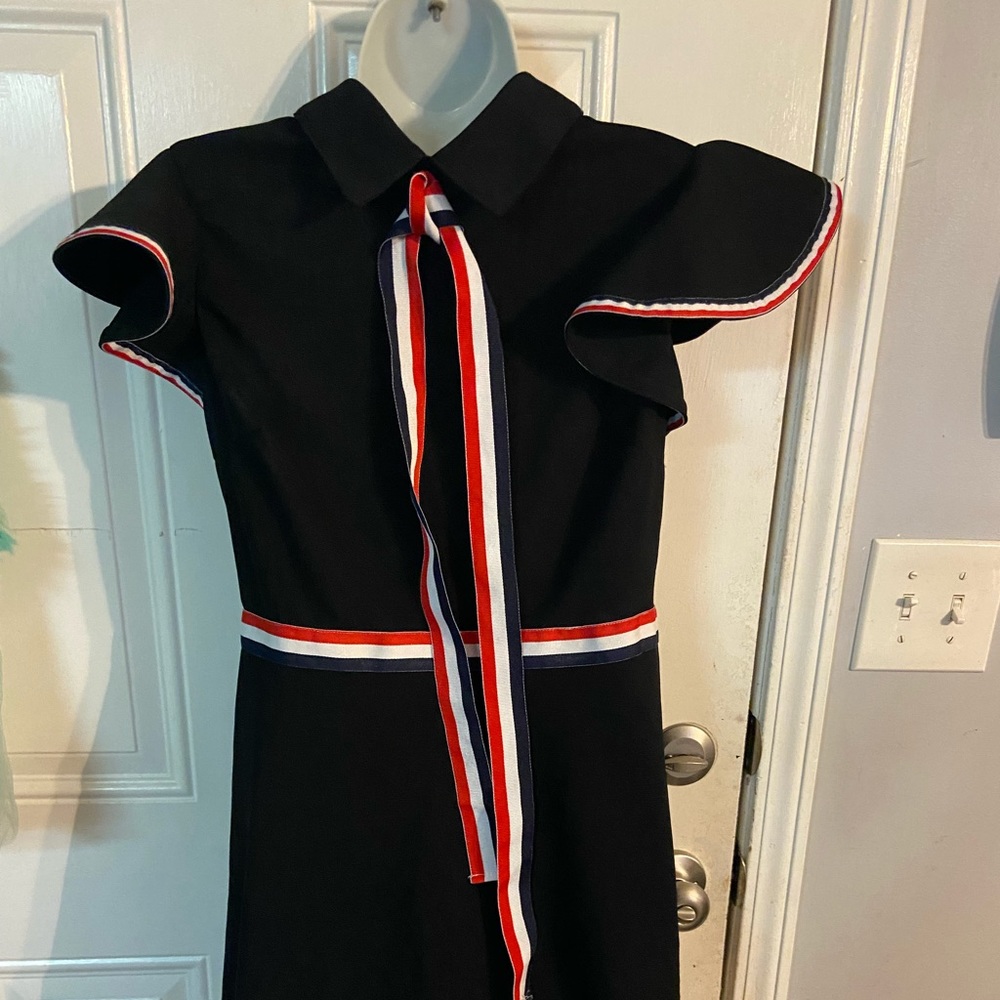 Vintage Style Sailer  Black Collared ruffled sleeves midi Dress